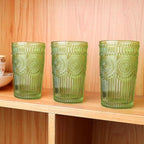 6pcs Vintage Drinking Glasses Set, 12 oz Green Highball Glasses, Embossed Ribbed Glassware Cups for Cocktail, Water, Juice, Coffee, Whiskey