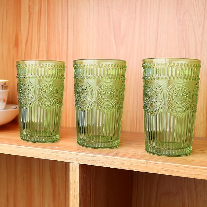 6pcs Vintage Drinking Glasses Set, 12 oz Green Highball Glasses, Embossed Ribbed Glassware Cups for Cocktail, Water, Juice, Coffee, Whiskey