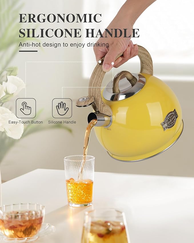 Tea Kettle for Stovetop, 2.7 Quart Loud Whistle Stovetop Teapots,Food Grade Stainless Steel Tea kettles for Stove Top with Anti-hot Ergonomic Handle,Suitable for All Heat Sources,Yellow