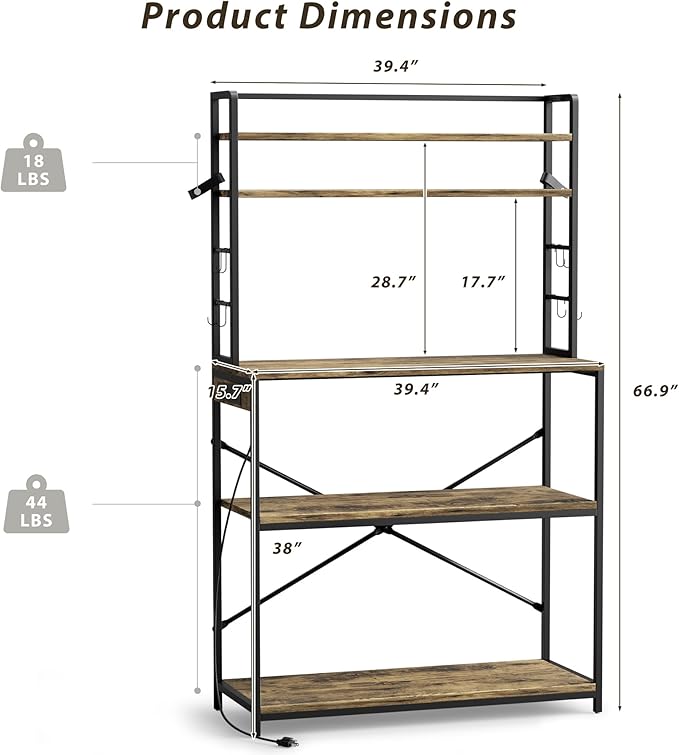 YESHOMY Kitchen Baker’s Rack with Power Outlet, 5-Tier Microwave Stand, Coffee Bar with 8 S-Shaped Hooks, Heavy Duty Storage Shelf Unit for Spices, Pots, Rustic Brown
