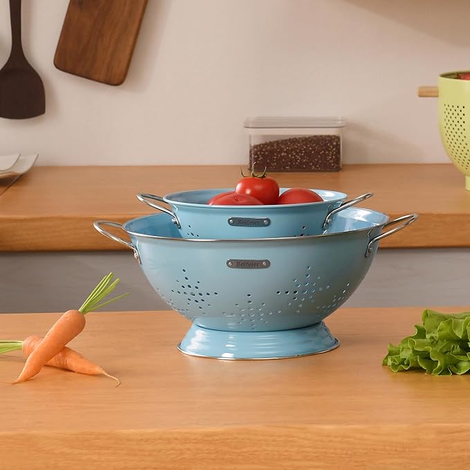 Metal Colander 2 Pack, Strainer Bowel with Handles 2Qt & 6Qt Powder Coated Solid Ring Base Heavey Duty Kitchen Drainer Basket for Pasta Veggies and Fruits,New Home Apartment Essentials (ArcticBlue)