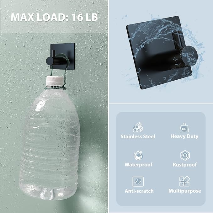 VIS'V Adhesive Towel Hooks, Waterproof Shower Wall Stick on Hooks, 2 Extra Adhesive Strips, Black, 4 Pcs