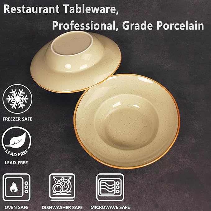 Pasta Plates with Rim 12 oz, Soup Bowl Pasta Bowl Set of 2, Shallow Bowl Plate, Ceramic Wide Rimmed Soup Bowl, Best choice for high-end restaurants, hotels, and foodies,11 Inch Beige