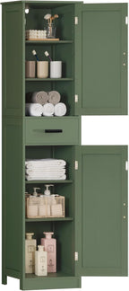 WEENFON Tall Bathroom Cabinet, Narrow Storage Cabinet with 6 Shelves & Drawer, Storage Cabinet with Adjustable Shelves, Tall Cabinet for Living Room, Home Office, Forest Green