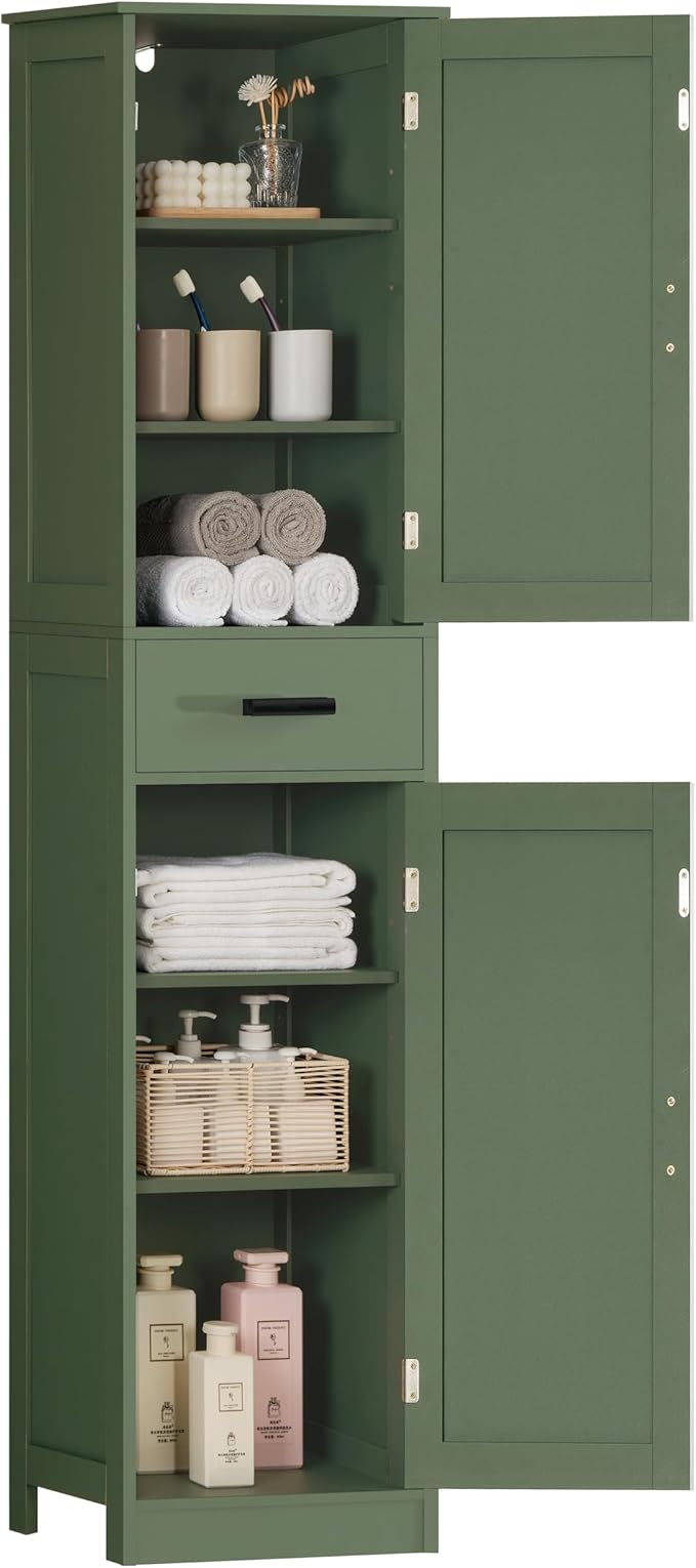 WEENFON Tall Bathroom Cabinet, Narrow Storage Cabinet with 6 Shelves & Drawer, Storage Cabinet with Adjustable Shelves, Tall Cabinet for Living Room, Home Office, Forest Green