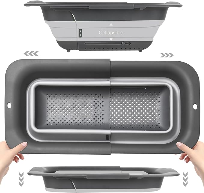ROTTOGOON Collapsible Colander Strainer, Expandable Over the Sink Colander for Kitchen, Adjustable Silicone Sink Strainer, Foldable Large Colanders Basket to Wash Vegetable, Fruit, 15" to 19.8", Gray