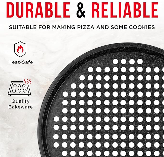 Non-Stick Pizza Pan 1 Pack, 13 Inch Round Carbon Steel Pizza Tray with Perforated Holes for Crispy Crust, PFOAPFOSPTFE Free, Dishwasher & Oven Safe Up To 450°F, Durable Nonstick Gray Marble Coating