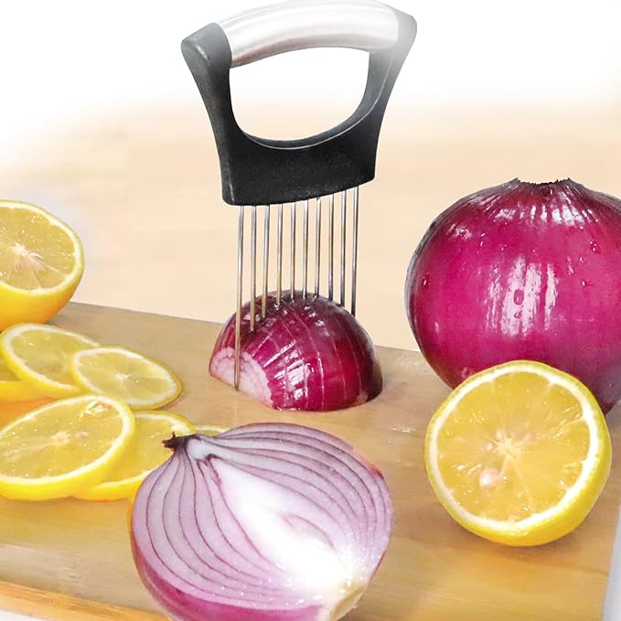 JAYVAR Onion Holder for Slicing, Onion Cutter Vegetable Chopper, Stainless Steel Tomato Slicer Vegetable Cutter for Potato, Avocados, Eggs, Food Slicer Assistant Tool for Fruit Lemon and Meat