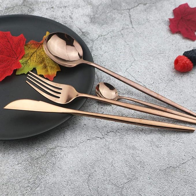 JASHII 24 Pieces 304 Stainless Steel Rose Cutlery Set Home Kitchen Silverware Set, Mirror Polished, Knife/Fork/Spoon, Modern Elegant Silverware Set for Party, Christmas
