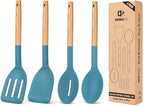 Pack of 4 Silicone Cooking Utensils Set, Non Stick Solid Spatulas and Heat Resistant Slotted Spoons with Wooden Handle, Ideal Wood Kitchen Utensils Set for Frying,Serving,Turning,Stirring (BLUE)