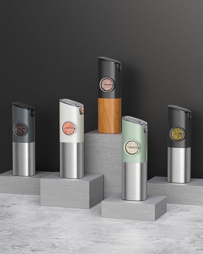 FORLIM Gravity Electric Salt and Pepper Grinder Set, Upgraded Large Capacity, USB Rechargeable Automatic One Hand Operated, Adjustable Coarseness, Auto Dust Lid, LED Light(Stain Steel Black)