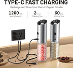 Gravity Electric Salt and Pepper Grinder Set, USB Rechargeable Stainless Steel Mills with Large Capacity Tall Glass, LED Light, Adjustable Coarseness, Ideal for Kitchen and Dining(2PCS)