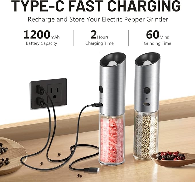 Gravity Electric Salt and Pepper Grinder Set, USB Rechargeable Stainless Steel Mills with Large Capacity Tall Glass, LED Light, Adjustable Coarseness, Ideal for Kitchen and Dining(2PCS)