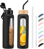 Kodrine Water Bottle with Straw, 24 oz Glass water Bottle with 2 Lids Bamboo Straw Lid and Spout Lid with Handle, 32 oz Clear Water Bottle Glass for Sports Travel, Waterbottle with Time Marker