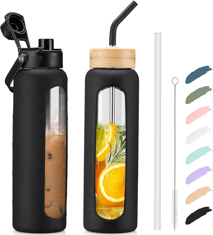 Kodrine Water Bottle with Straw, 24 oz Glass water Bottle with 2 Lids Bamboo Straw Lid and Spout Lid with Handle, 32 oz Clear Water Bottle Glass for Sports Travel, Waterbottle with Time Marker