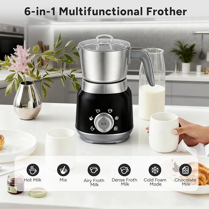 6-in-1 Electric Milk Frother and Steamer with Detachable Cups, Automatic Cold and Warm Foam Maker for Lattes/Cappuccinos/Hot Chocolate, Dishwasher Safe Black