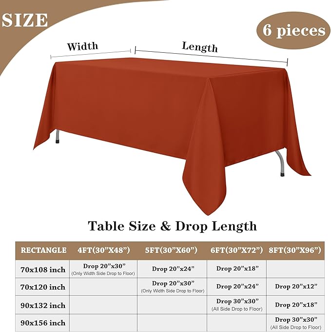 Fitable 6 Pack Rust 70?08 Inch Rectangle Tablecloth - Stain Resistant and Washable Table Cover, Polyester Fabric Table Cloth for Wedding, Party, Banquet, Formal Events