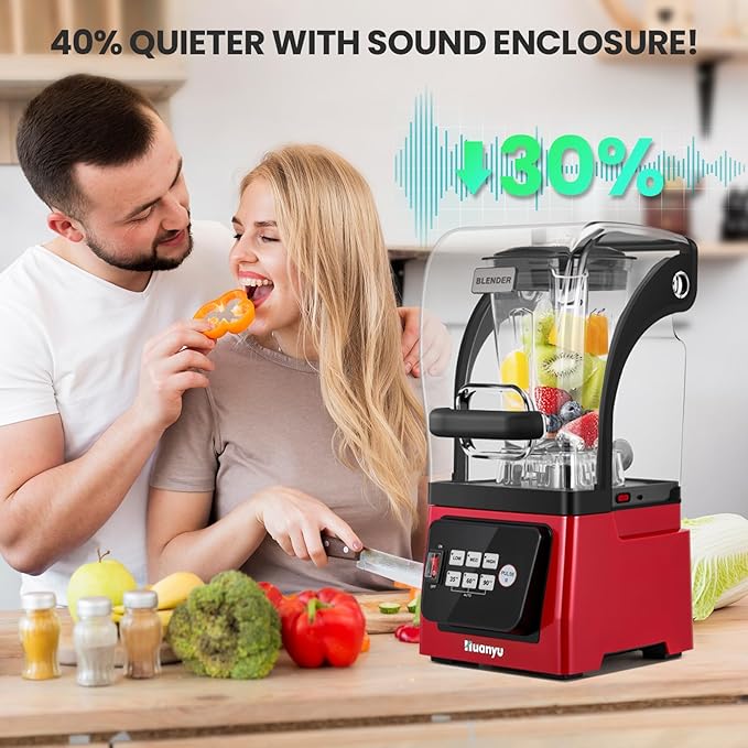 Huanyu Commercial Blender 2L 68OZ 2200W Quiet Professional Blenders with Sound Enclosure for Smoothies with Self-Cleaning Function Red