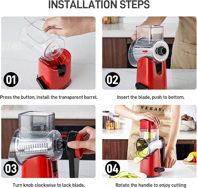 VEKAYA Cheese Grater, Cheese Grater Hand Crank, 4 Interchangeable Blades Cheese Shredder, Vegetable Slicer, Non-slip Suction Base, Easy to Clean Rotary Grater with Handle (Red)