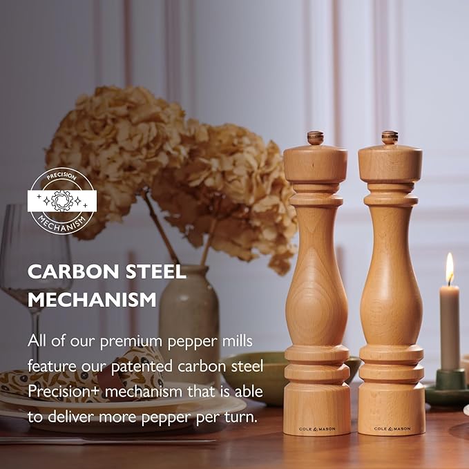Cole & Mason London Refillable Spice Mill - Kitchen & Home Accessory - Table Black Pepper Grinder - Pepper Mill with Carbon Steel Mechanism - 11", Natural Beech