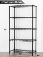 5 Tier Heavy Duty Adjustable Storage Shelf Organizer Storage Metal Shelves Garage Wire Shelving Unit Pantry Rack 18" D x 36" W x 71.25" H,Black
