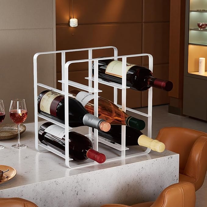 Buruis 9-Bottle Metal Wine Rack, Freestanding Holder Organizer for Red and White Wine, Kitchen Countertop, Pantry, No Assembly Required, White