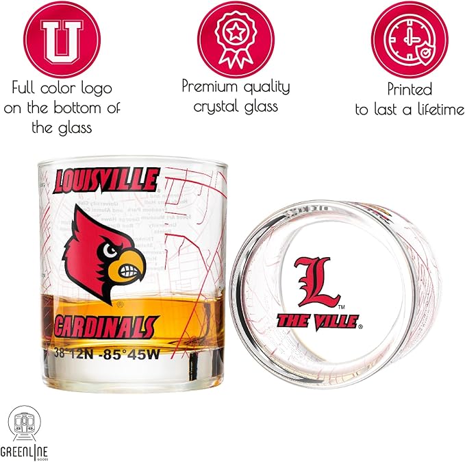 Greenline Goods – University of Louisville Cardinals College Whiskey Glasses (Set of 2), 10 oz – Full-Color Logo + Campus Map