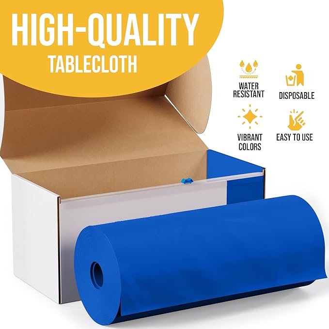 Exquisite Party Solids 54 Inch X 100 Feet Dark Blue Plastic Table Cover Roll in A Cut - to - Size Box with Convenient Slide Cutter. Cuts Up to 12 Rectangle 8 Feet Plastic Disposable Tablecloths