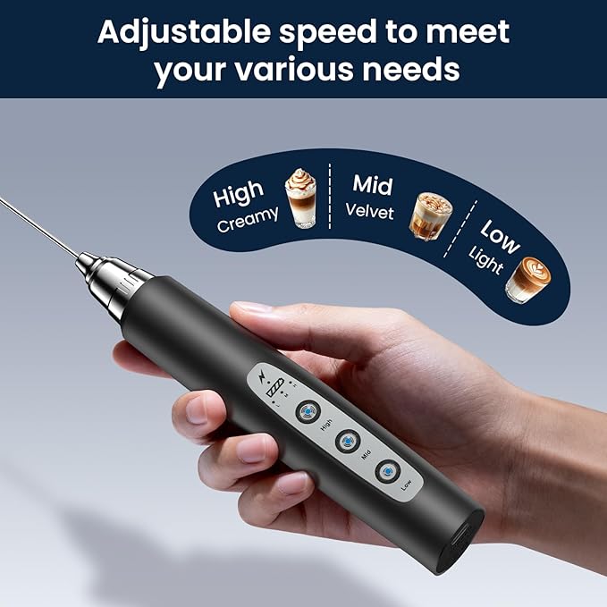 Milk Frother Rechargeable Handheld-Electric Whisk 3 Speed Adjustable, Frother Wand Coffee with 3 Stainless Whisks, Electric Foam Maker, Drink Mixer Blender for Latte Cappuccino Matcha Egg