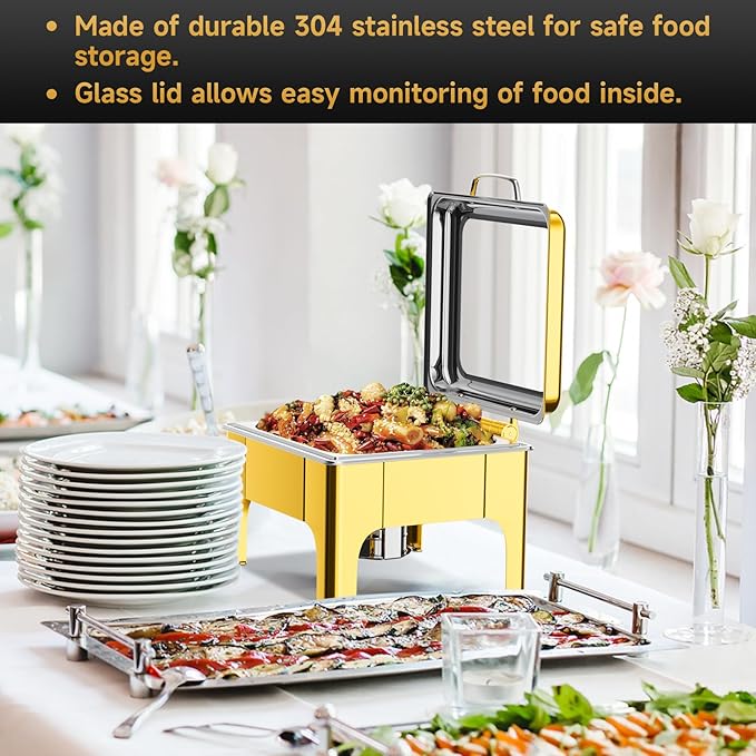 Chafing Dishes for Buffet, 6QT Square Stainless Steel Chafing Dish with Transparent Hydraulic Lid, 304 Food Pan, Buffet Warmer for Parties and Events (Golden)
