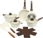 Oster SmartHandle Advance 18-Piece Ceramic Nonstick Cookware Set – Matte Linen Finish, Induction, Detachable Handles, Oven & Dishwasher Safe Pots Pans, w/Utensils & Pan Protectors