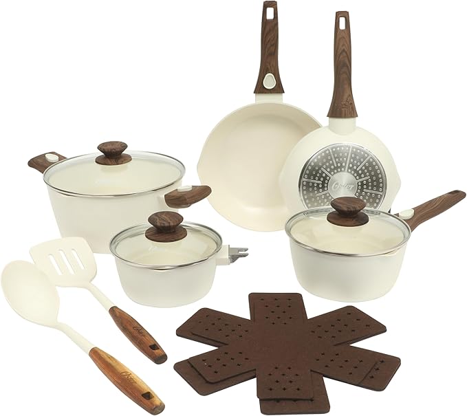 Oster SmartHandle Advance 18-Piece Ceramic Nonstick Cookware Set – Matte Linen Finish, Induction, Detachable Handles, Oven & Dishwasher Safe Pots Pans, w/Utensils & Pan Protectors