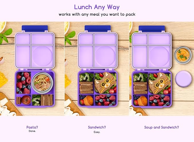 Bento Box for Kids - Leak-Proof Lunch Box with Insulated Thermos Food Jar - 4 Compartments, 1 Removable Divider, 1Spoon, 1 Fork - Dishwasher Safe, BPA-Free (Light purple)