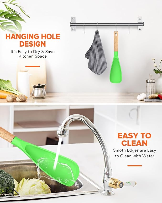 Cooking Spoon for Nonstick Cookwares, Great for Cooking and Serving Sturdy BPA-Free Matte Silicone, Wood Handle Spoon for Mixing, Scoop, and Scrape (Apple Green)