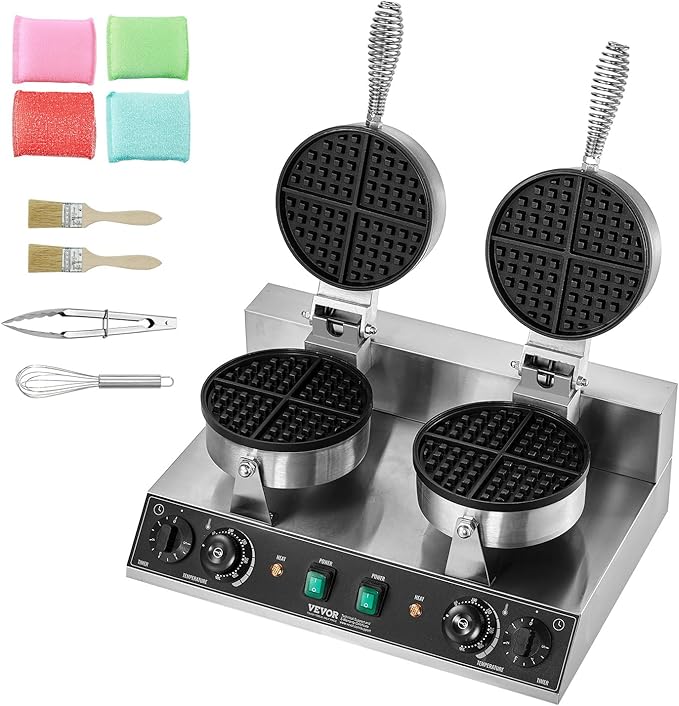 VEVOR Commercial Waffle Maker, Dual-Head Round Waffle Baker Machine, 2460W Non-Stick Stainless Steel Belgian Waffle Iron with Temp and Time Control, Handle, for Restaurant Bakery Snack Bar Family