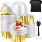 EUSOAR Gold Cupcake Liners with Individually Wrapped Sporks, 120pcs 5oz Disposable Foil Creme Brulee Ramekins with Lids, Foil Baking Cups with Lids for Party Bulk Wedding Birthday Picnic Gathering