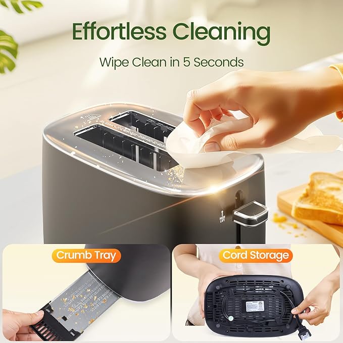 Toaster 2 Slice, Wide Slot for Toasting Bagel Muffin Waffle Gluten Free Breads, 7 Shade Settings, Defrost & Reheat, Stainless Steel, Easy Clean, Black