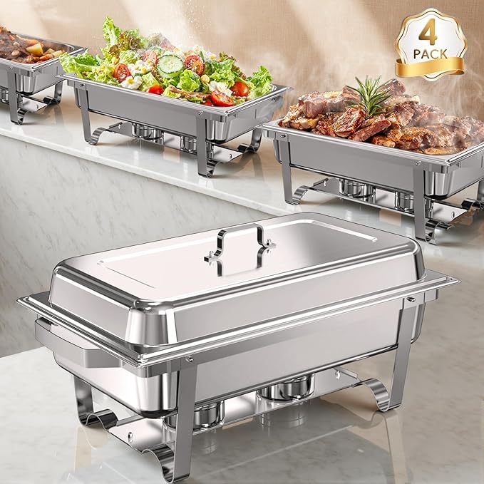 Chafing Dishes for Buffet 4 Pack, 11QT [Large Size and Sturdy] Stainless Steel Food Warmers for Parties Buffet [Silver Colors] Catering Supplies Buffet Display