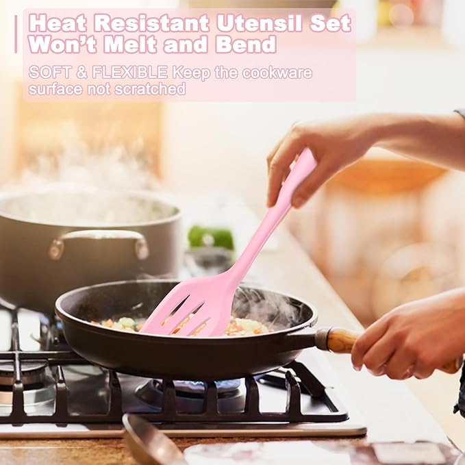 E-far Pink Silicone Cooking Utensils Set, 10-Piece Kitchen Utensil Set for Nonstick Cookware, Silicone Kitchen Tools with Spatula Turner Spoon Tongs Whisk, Heat Resistant & Non-Toxic, Dishwasher Safe