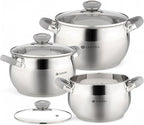 Daniks Modern 6-Piece Stainless Steel Cookware Set with Glass Lids, Tri-Ply Bases for Even Heating, Induction Compatible, Dishwasher Safe, Heatproof Handles