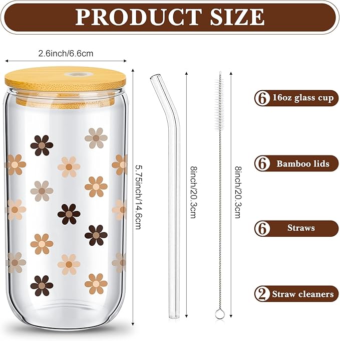 meekoo 8 Pcs Glass Cups with Bamboo Lids and Straws 16 oz Beer Can Shaped Iced Coffee Drinking Cup Employee Appreciation Gift for Wine Tea Water - 4 Cleaning Brushes(Daisy)