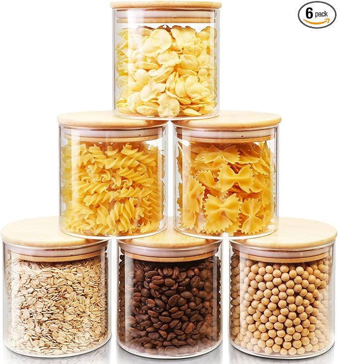 Glass Jars with Bamboo Lids 27 FL OZ [Set of 6], Glass Canisters with Airtight Lids, Glass Food Storage Containers for Coffee, Sugar,Tea, Candies, Cookies,Best for Kitchen & Pantry