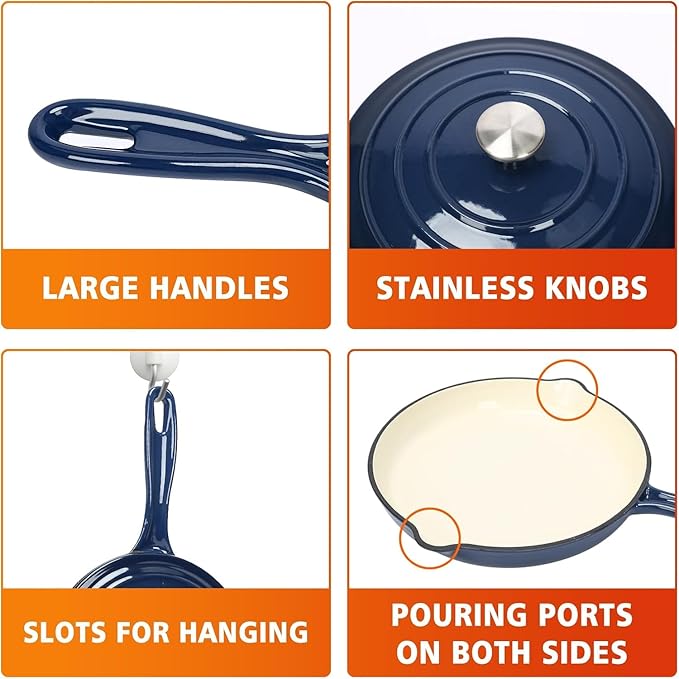 Hisencn Enameled Cast Iron Cookware Set - 7 Piece Set of Dutch Ovens, Sauce Pan, Skillet, 3 Lids, Dutch Oven Set, Ceramic Coated Cast Iron, Heavy Duty, Gas/Induction Compatible (Navy)