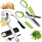 Premium Large Garlic Press & Herb Scissors Set, Soft & Easy to Squeeze Handle Garlic Press Stainless Steel, Herb Scissors, Garlic Mincer Tool, Garlic Peeler, Garlic Crusher & Herb Cutter Scissors