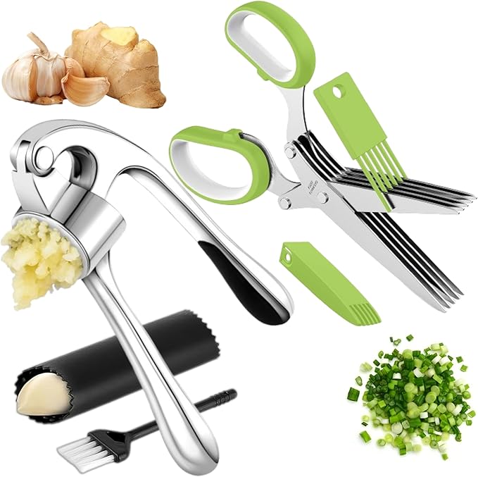 Premium Large Garlic Press & Herb Scissors Set, Soft & Easy to Squeeze Handle Garlic Press Stainless Steel, Herb Scissors, Garlic Mincer Tool, Garlic Peeler, Garlic Crusher & Herb Cutter Scissors