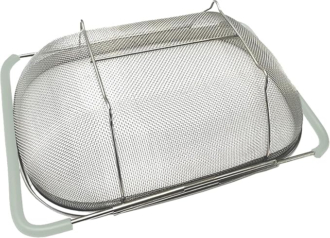 Over The Sink Colander, 6 Quarts Stainless Steel Oval Colander with Expandable Rubber Grip Handle, Fine Mesh Strainer Baskets Kitchen Colanders for Strain, Drain, Rinse Vegetables, Mint Green