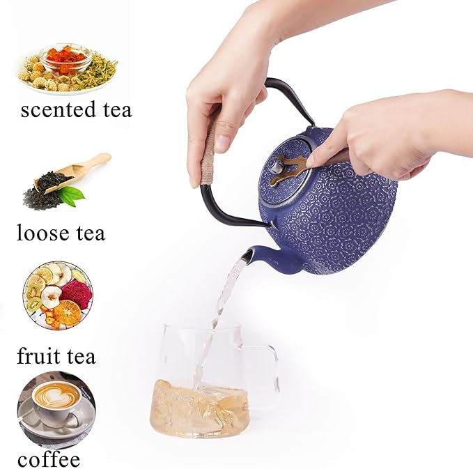 Cast Iron Tea Pot Japanese Tetsubin Tea Kettle with Stainless Steel Infuser,Tong and Iron Trivet Coated with Enamel Interior for Stovetop Safe 40 oz Blue cast iron teapot