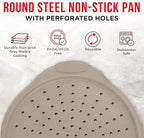 Non-Stick Pizza Pan with Silicone Handle 1 Pack, 13 Inch Round Carbon Steel Tray with Perforated Holes, Dishwasher & Oven Safe Up To 450°F, PFOAPFOSPTFE Free, Durable Nonstick White Marble Coating