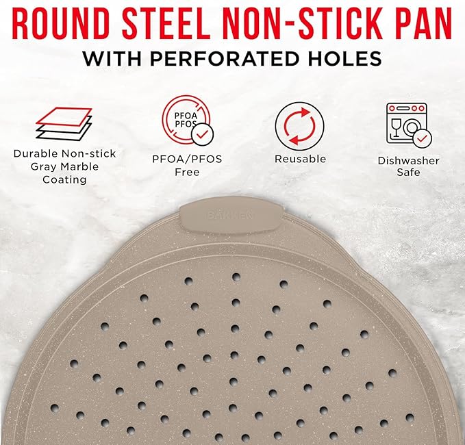 Non-Stick Pizza Pan with Silicone Handle 2 Pack, 13 Inch Round Carbon Steel Tray with Perforated Holes, Dishwasher & Oven Safe Up To 450°F, PFOAPFOSPTFE Free, Durable Nonstick White Marble Coating