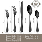 KINGSTONE 60 Piece Teardrop Silverware Set for 12, 18/10 Stainless Steel Flatware Set, Modern Design Cutlery Set for Home/Hotel/Wedding,Mirror Polished and Dishwasher Safe, Black